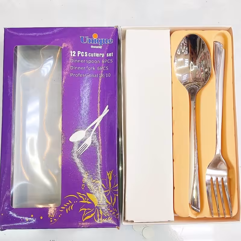 قاشق چنگال جعبه ای یونیک بسته 12 عددی شامل 6 عدد قاشق و 6 عدد چنگال استیل اصل درجه یک  در لوازم خانگی کاج 