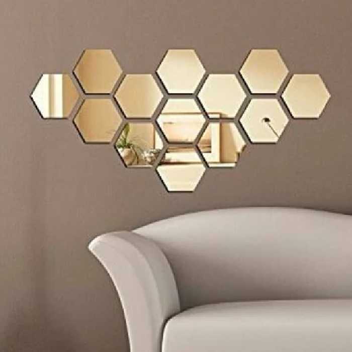 اینه دکوراتیو مولتی استایل طرح لانه زنبوری10 عددی، در دو رنگ طلایی و نقره ای، ابعاد قطر هر شش ضلعی 17 سانت ،