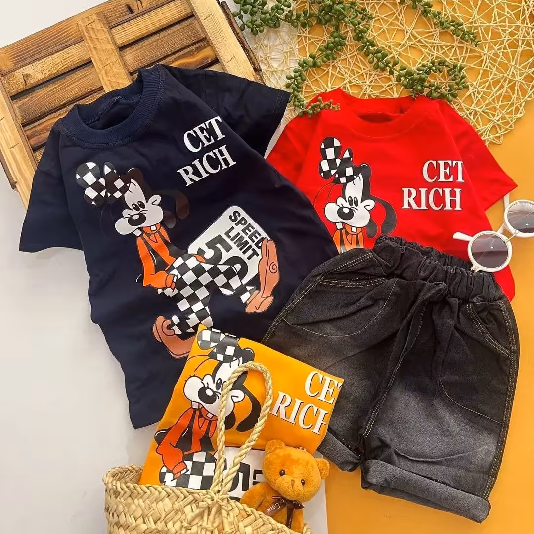 تیشرت و شلوارک لی کاغذی کشی اسپورت هم دخترونه هم پسرونه مناسب 2 تا 9 سال بسیار خنک جنس تیشرت نخ پنبه لاکرا 