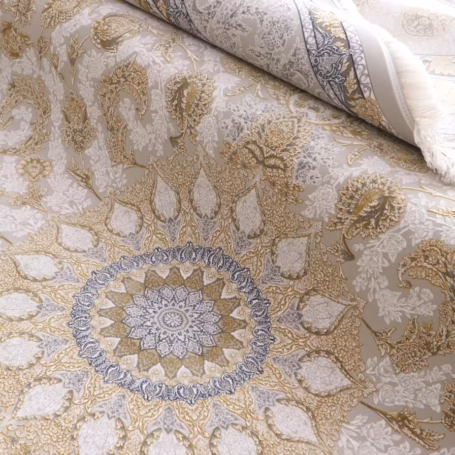 فرش  اکرلیک  6 متری 1200 شانه گل برجسته  طلاکوب طرح مهرسا رنگ کرم