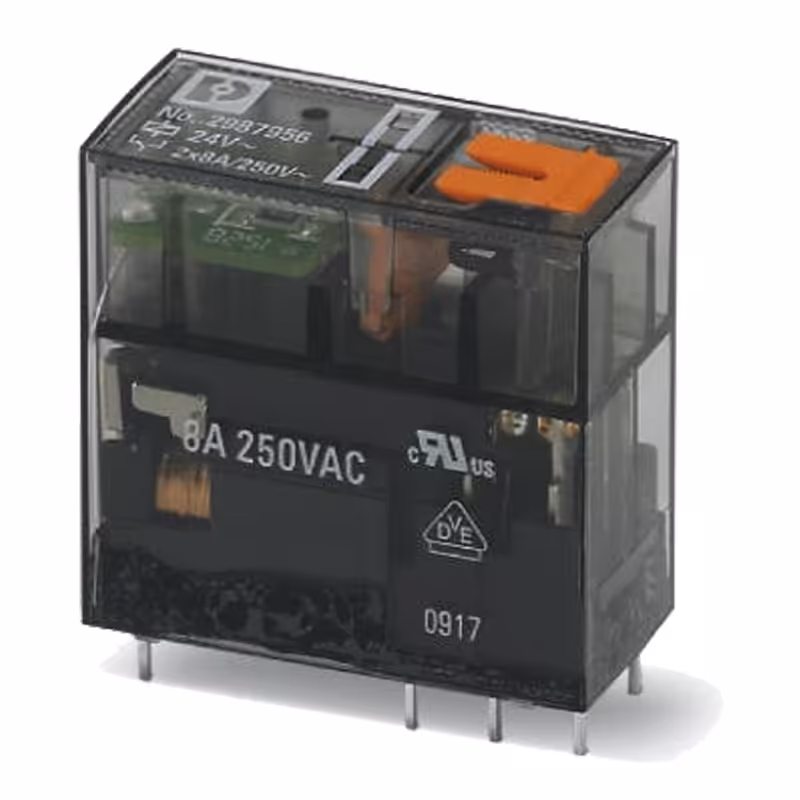 رله شیشه ای فونیکس کنتاکت دو کنتاکت 24AC و ( 8 پایه خطی 8 آمپر ) REL-MR- 24AC/21-21/MS