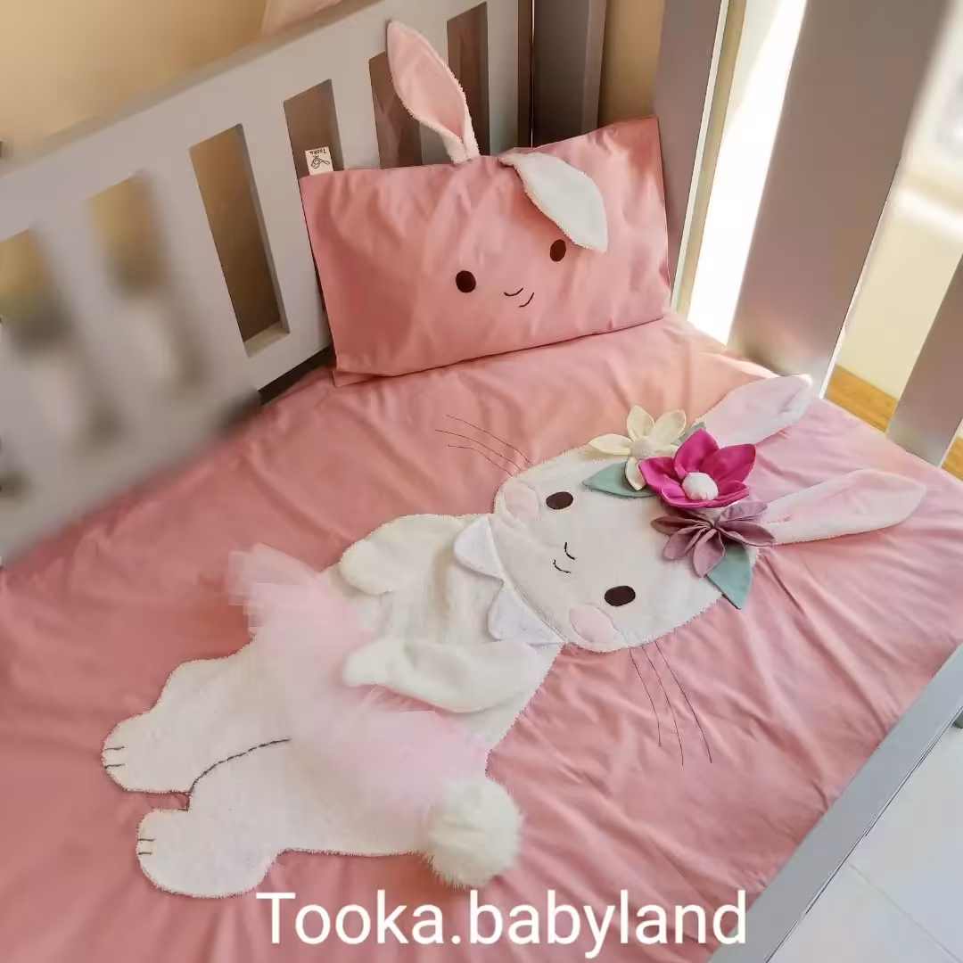 روتختی، پتو و روبالشی کودک و نوزاد طرح خرگوش تکه دوزی و برجسته جنس کتان نخ ترک وارداتی