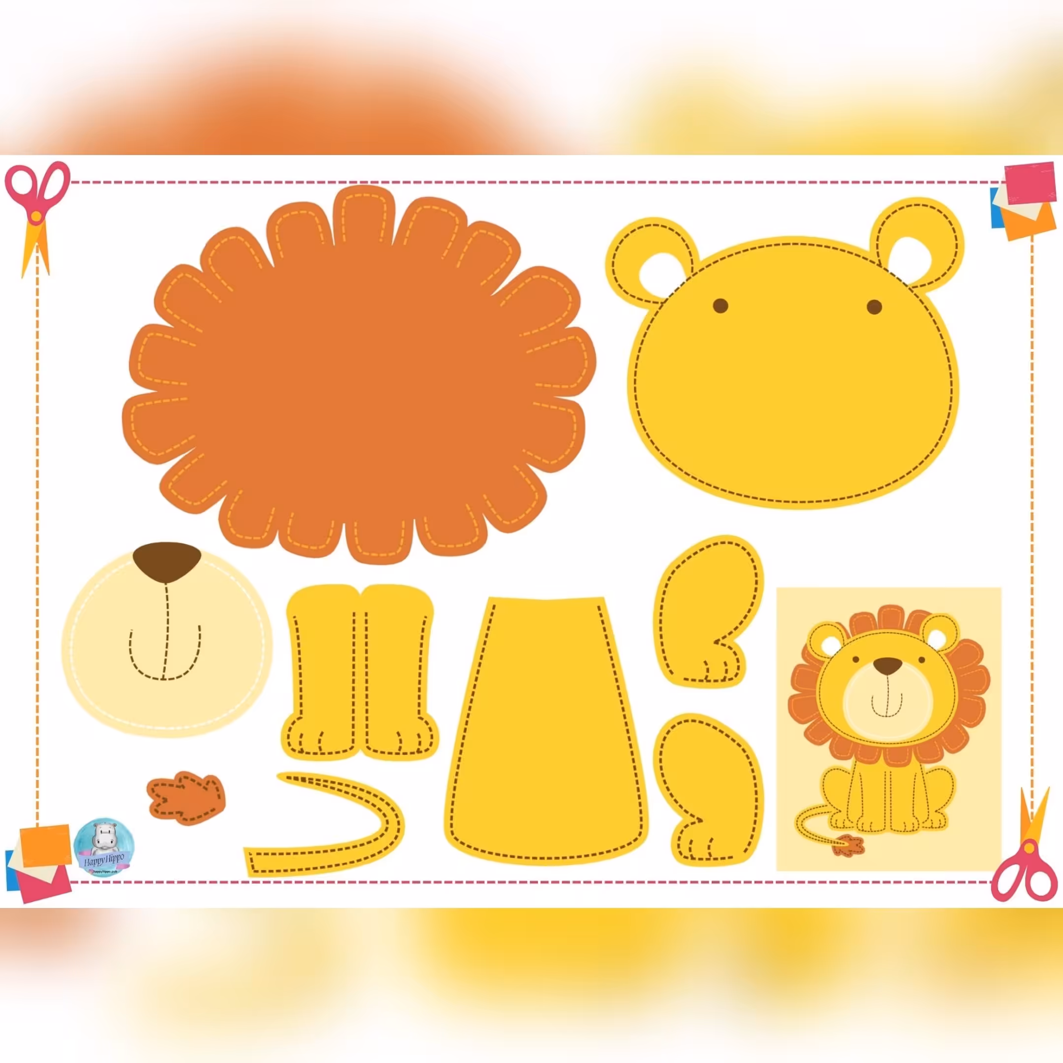 کاردستی بریدنی و چسباندنی طرح شیر سلطان جنگل  به همراه بنر برای افزایش مهارت دست ورزی کودک شما