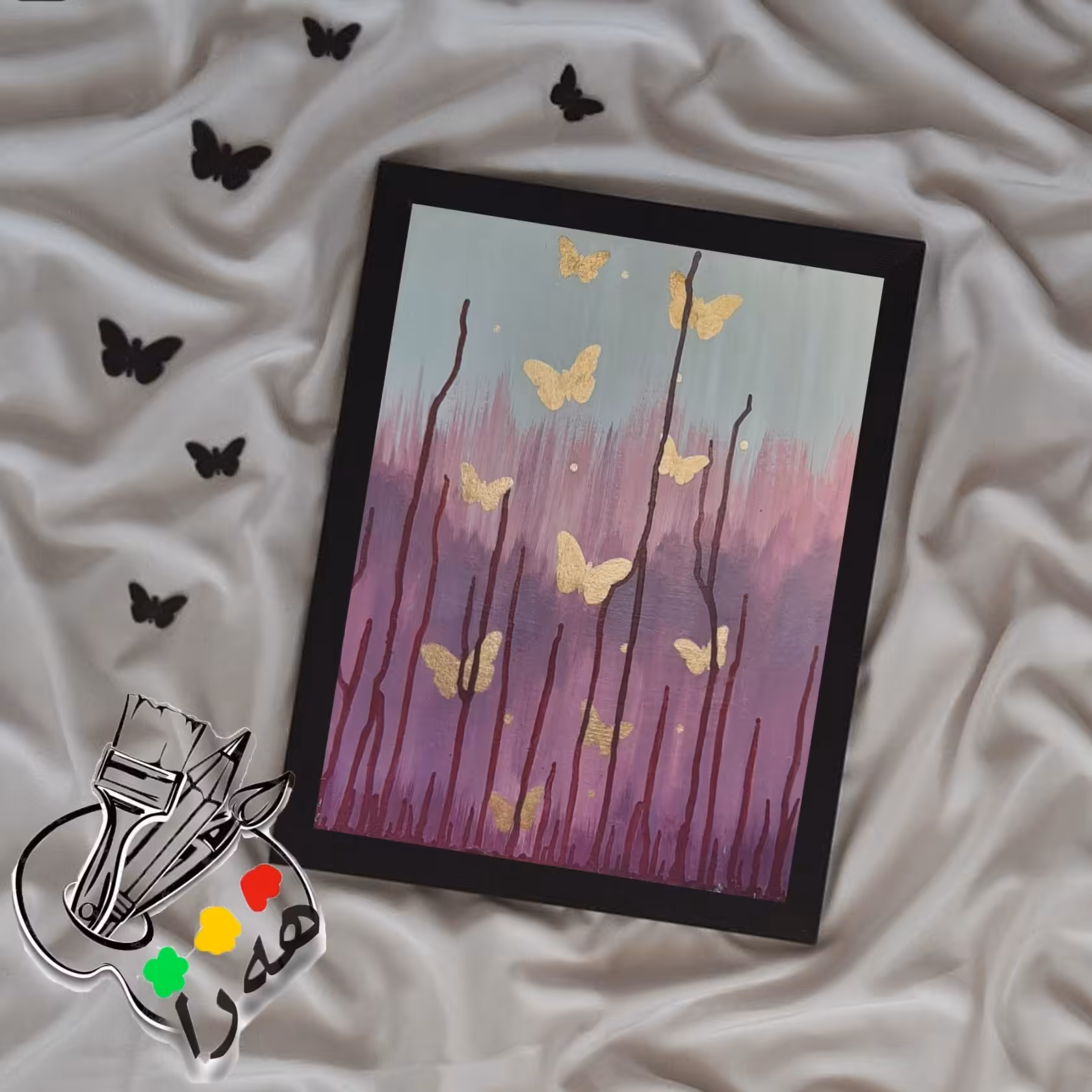 تابلو کار شده با رنگ اکریلیک و ورق طلای مایع طرح پروانه بدون قاب