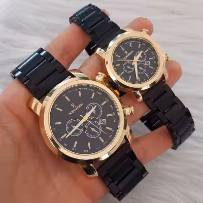 ساعت ست رومانسون مشکی قاب طلایی طرح 3 موتوره