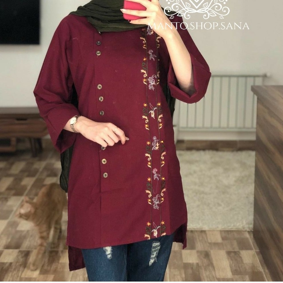 تونیک الیاف طوسی خردلی زرشکی گلدوزی شده با ارسال رایگان