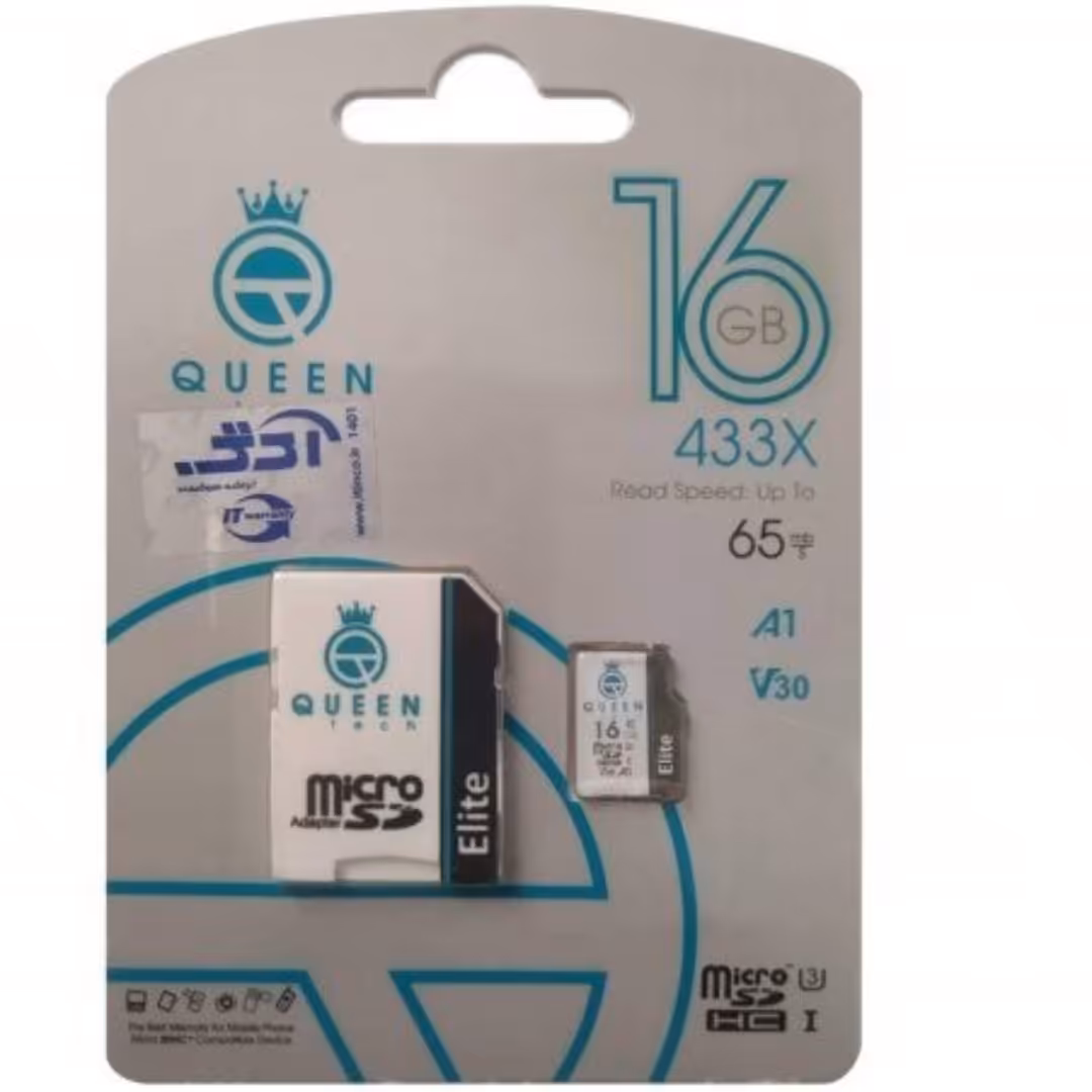 کارت حافظه Queen tech 16G  گارانتی مادام العمر آیتین کلاس 10 و سرعت 65 همراه با آداپتور کویین تک شانزه گیگابایت 