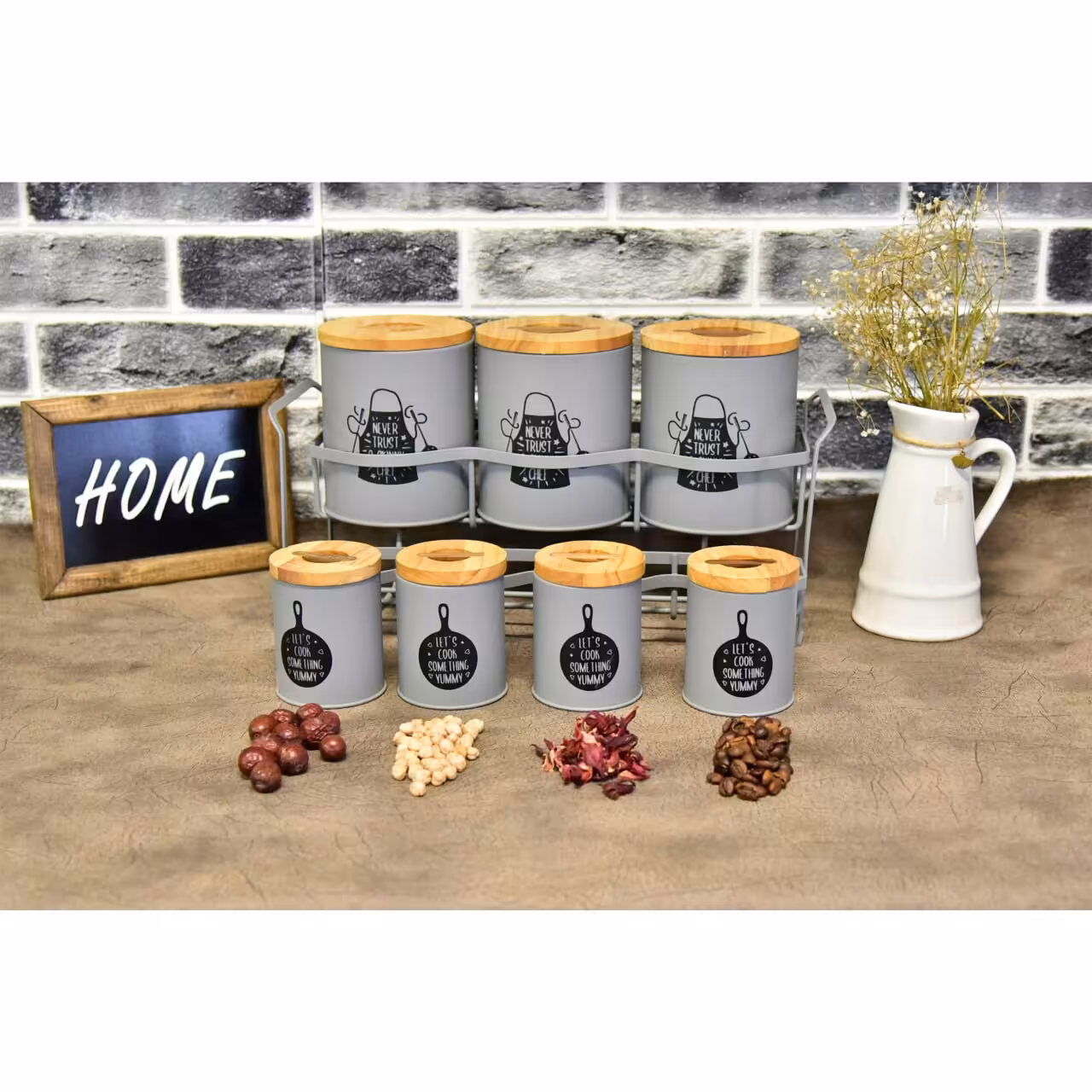 پاسماوری و ادویه 8 پارچه فلزی با درب بامبو برند ( B.V.K ) طوسی  863215