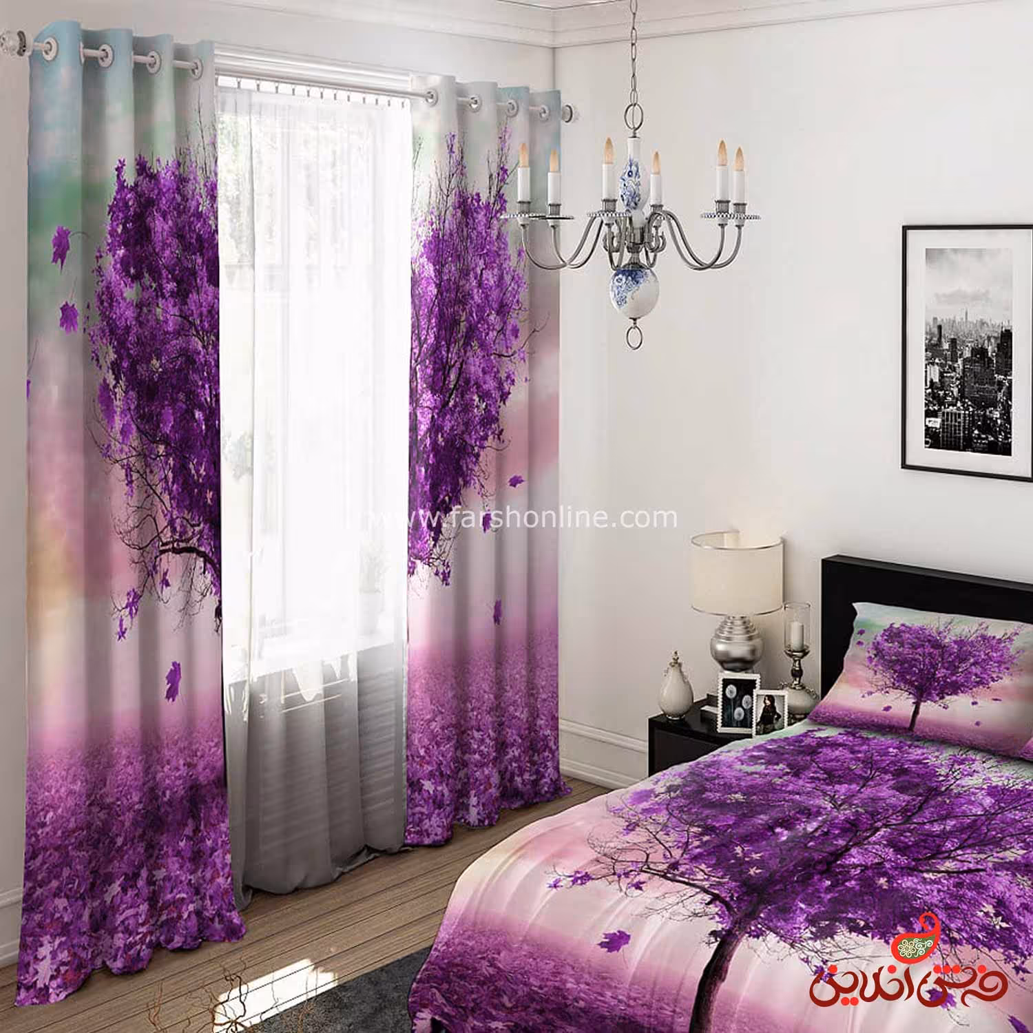 پرده 2 عددی طرح درخت بنفش طرح قلب کد 15295/1