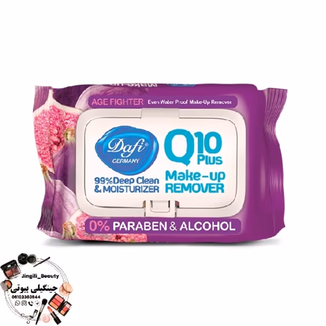 دستمال پاک کننده آرایش (دستمال مرطوب) دافی مدل AGE FIGHTERING Q10 PLUS بسته 50 عددی