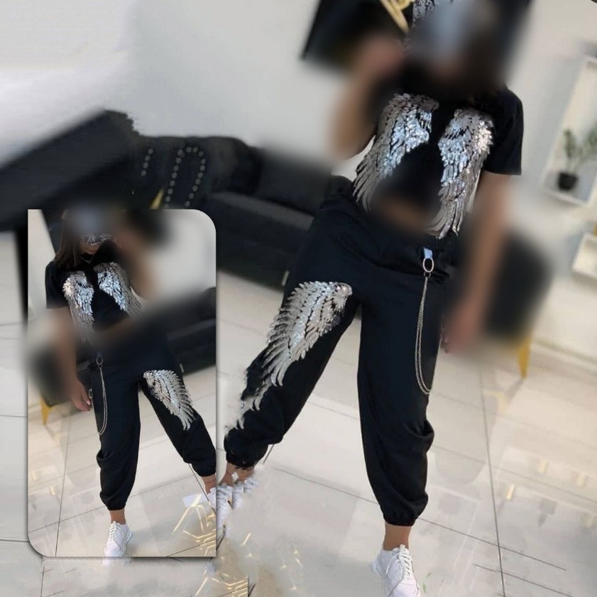 تیشرت شلوار ست جدید زنانه ست طرح بال فرشته کراپ شلوار زنانه ست کراپ شلوار شیک