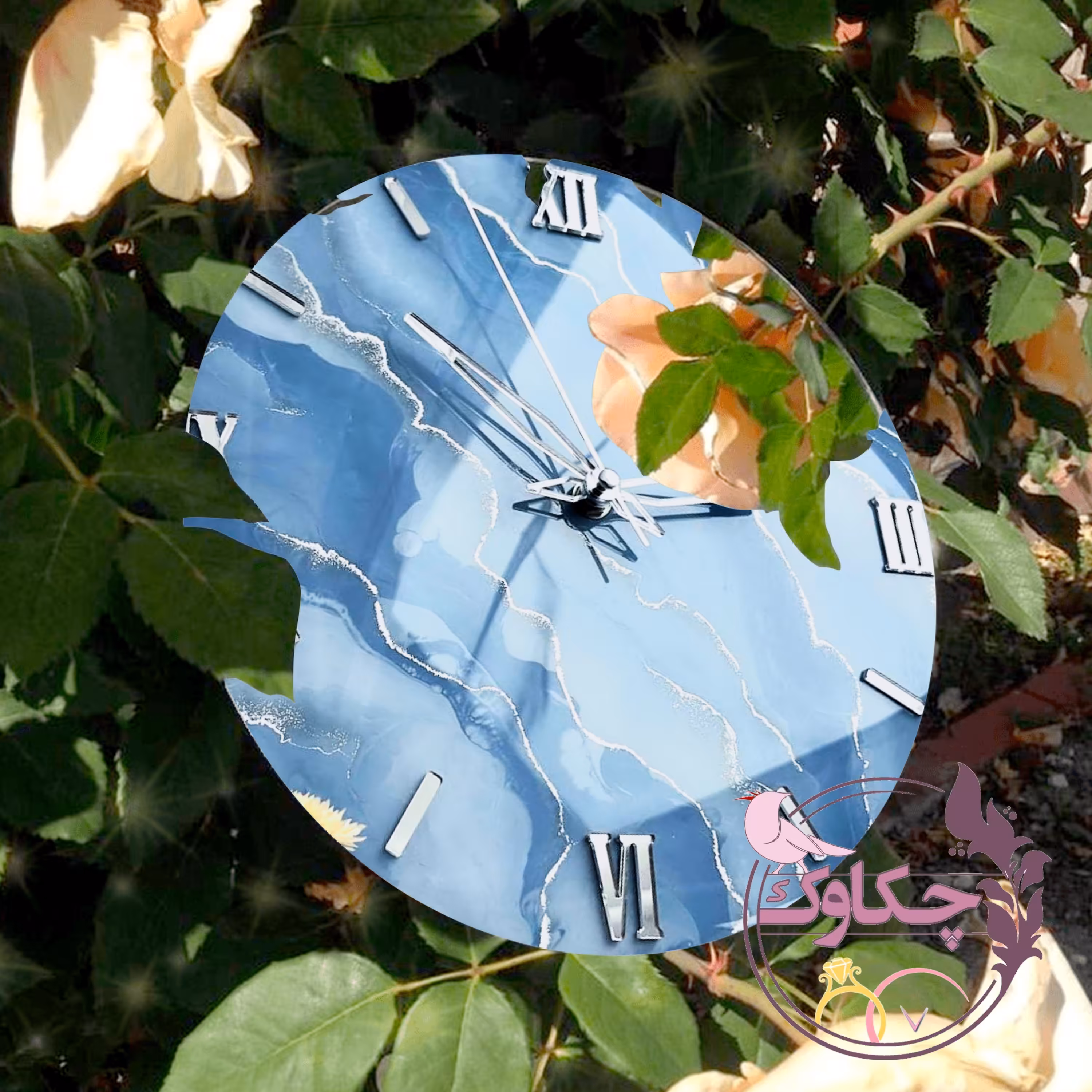 ساعت دیواری چوب و رزین طرح مرمر ابی و نقره ای با بیس 30 سانتی