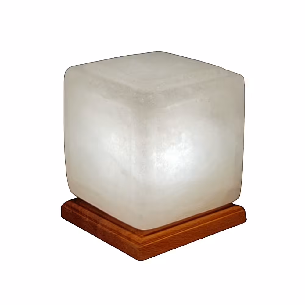 آباژور سنگ نمک مدل مکعب برجسته پایه چوبی کد 422