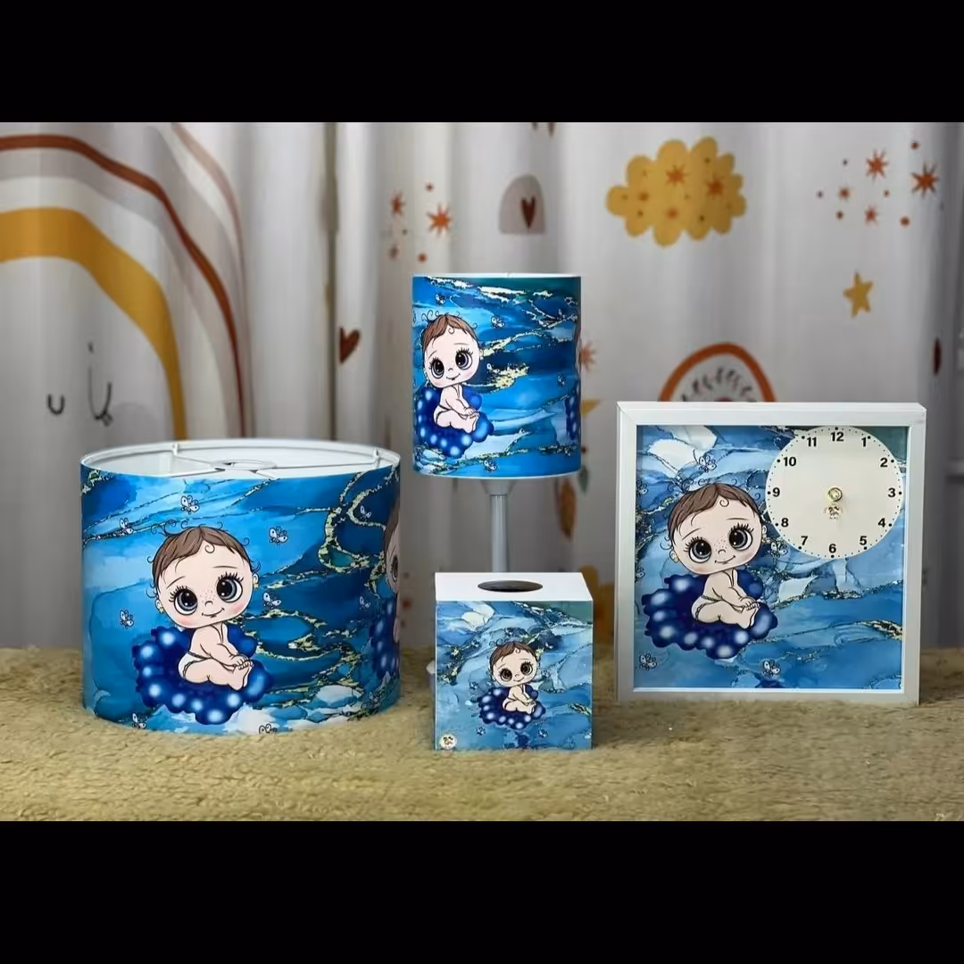 اکسسوری اتاق کودک چاپی اباژور لوستر ساعت دیواری و جادستمال ام دی اف روکش ضدآب چاپی و طلق نسوز هیواد گالری