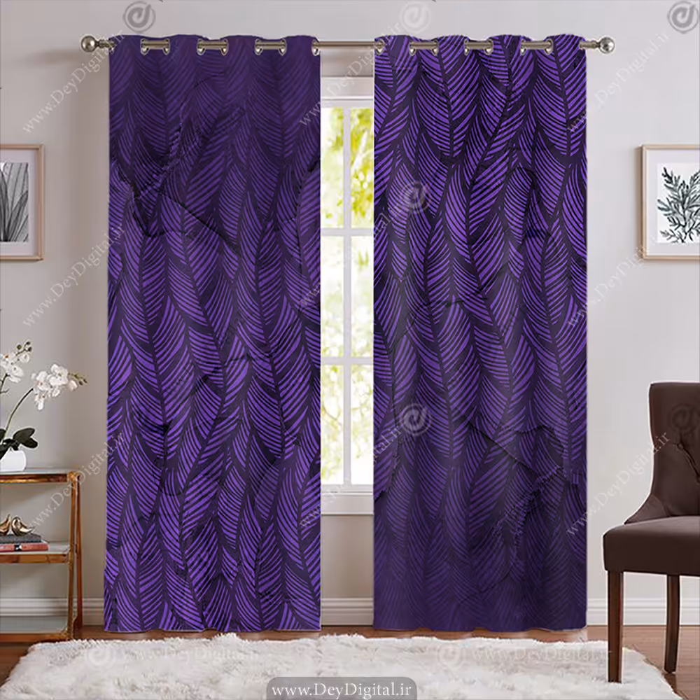 پرده پانچی طرح برگ برگی رنگ بادمجونی PK-7881
