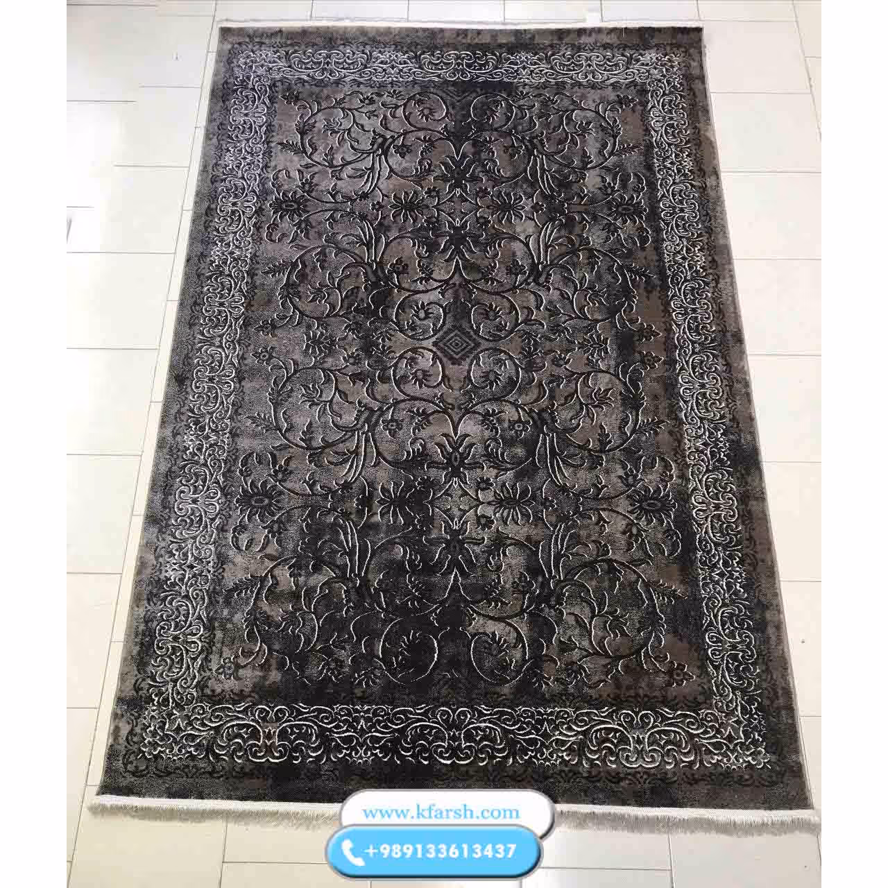 فرش وینتیج گلبرجسته طوسی مشکی