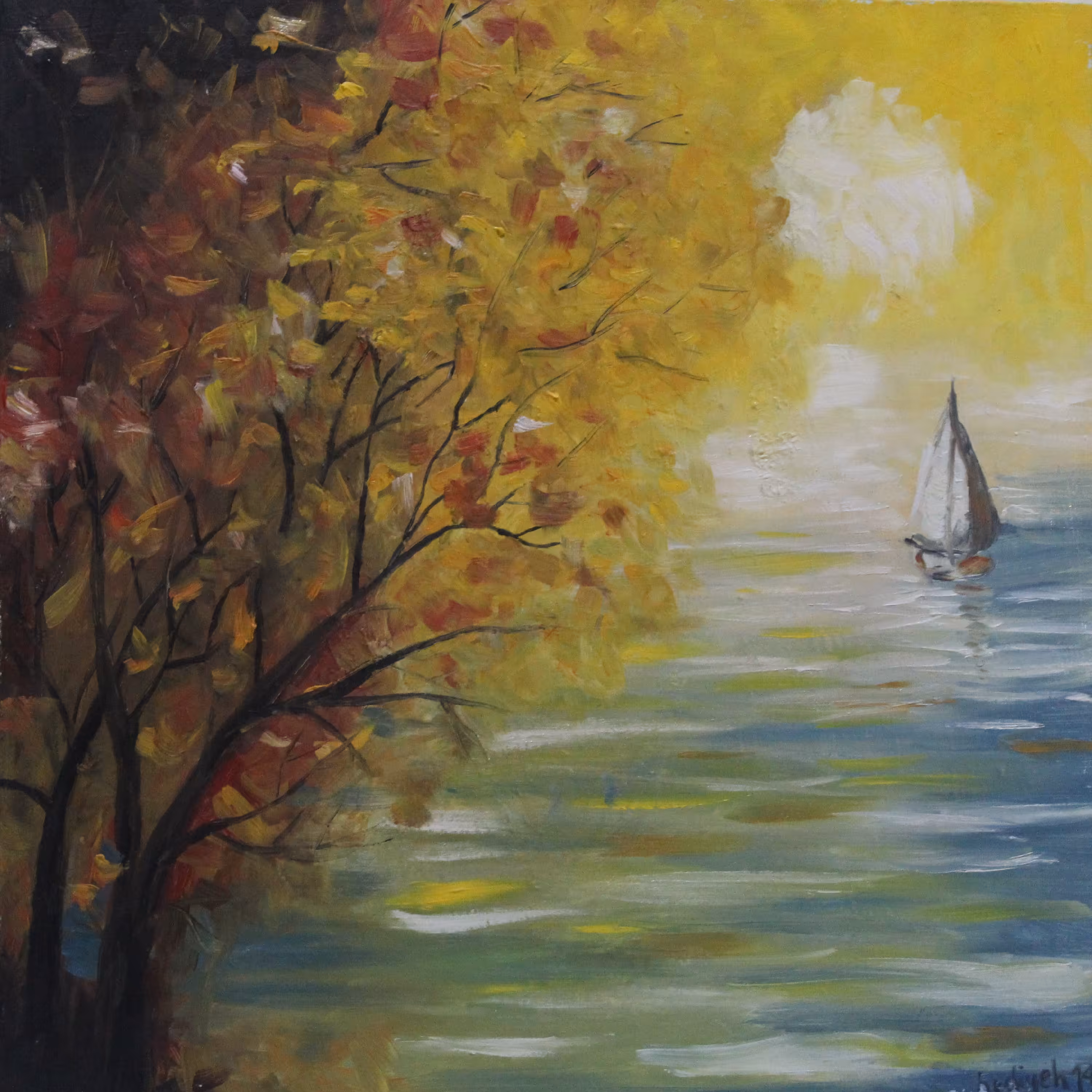 تابلو نقاشی رنگ روغن قایق و دریاچه