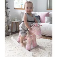 راکر اسب کودک چوبی خارجی طرح ترمه صورتی با عروسک little bird کد 3022