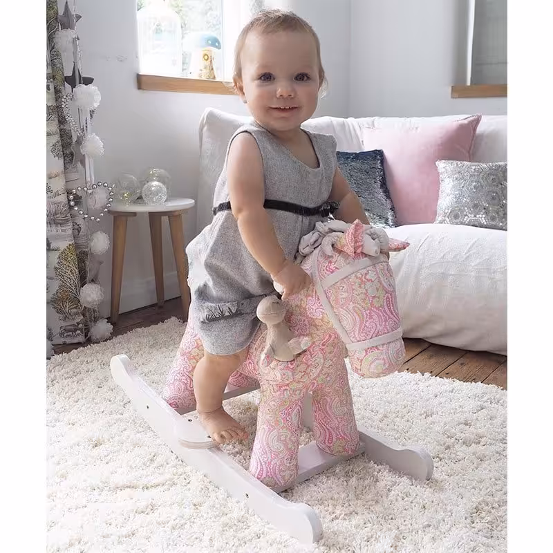 راکر اسب کودک چوبی خارجی طرح ترمه صورتی با عروسک little bird کد 3022