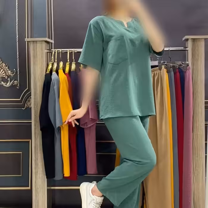 ست بلوز شلوار یقه هفتی جیبدار النا فری تا46 قبل از ثبت موجودی بگیرید