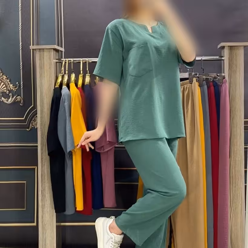 ست بلوز شلوار یقه هفتی جیبدار النا فری تا46 قبل از ثبت موجودی بگیرید