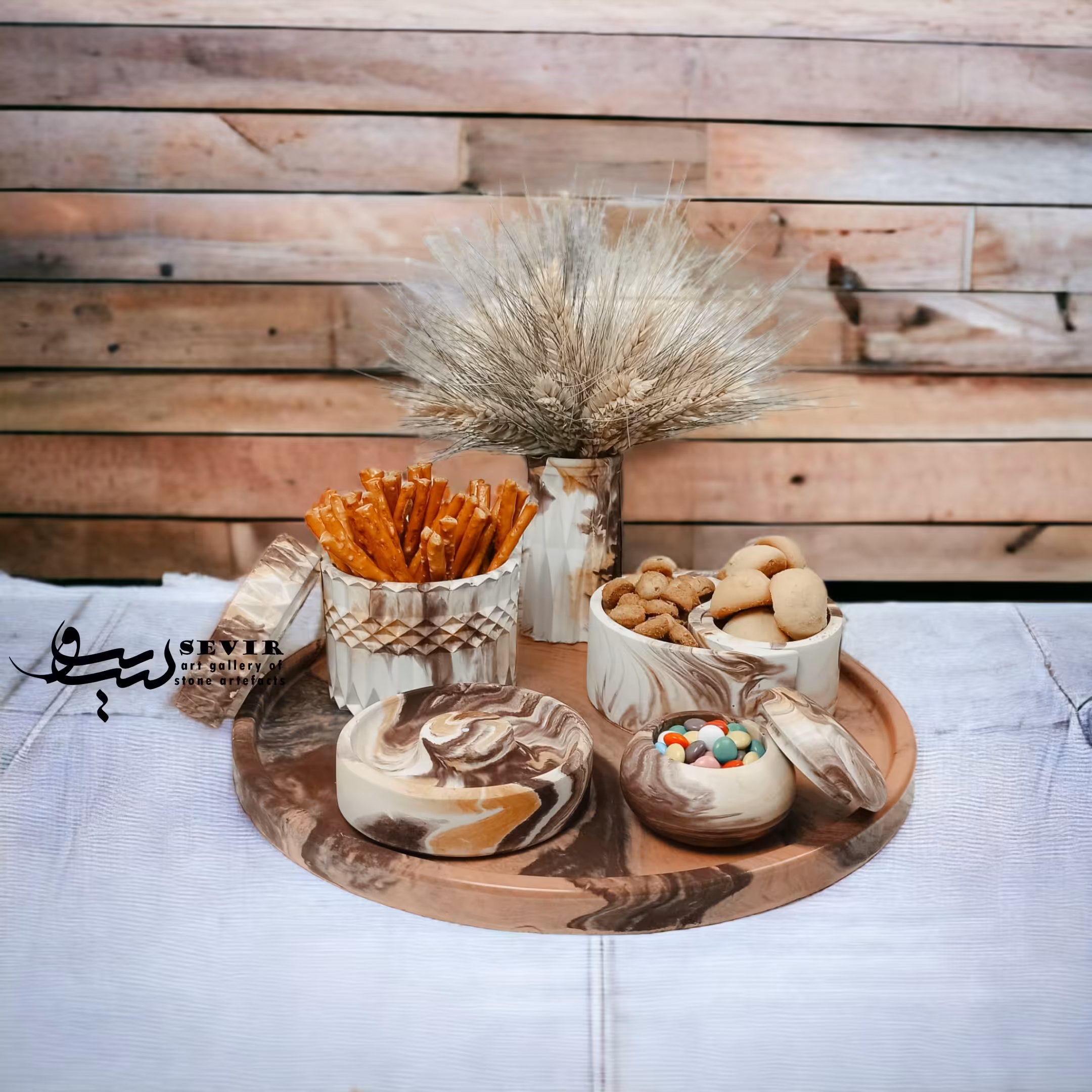 ست آجیل خوری بتنی ،قندان و گلدان به همراه جا عودی ، سینی و جا وارمری (7تکه)