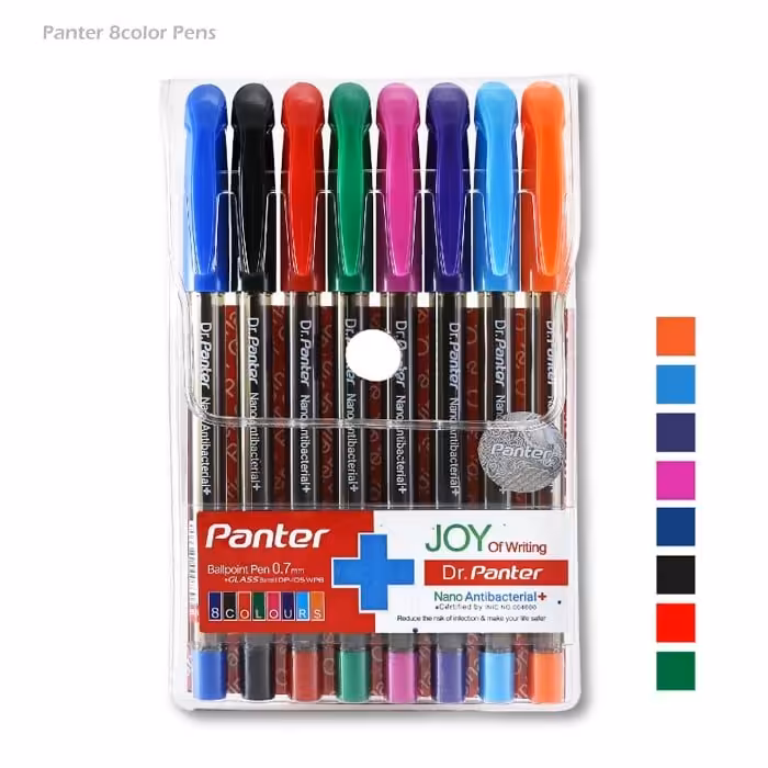 بسته 8 رنگ خودکار پنتر Panter با قطر نوشتاری 0.7 میلی متری نانو آنتی باکتریال،مناسب برای دانش آموزان و دانشجویان 
