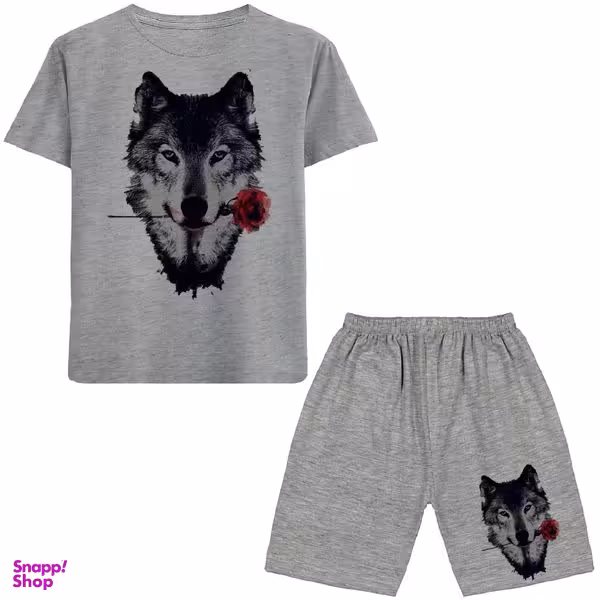 ست تیشرت و شلوارک پسرانه مدل گرگ و گل کد N158