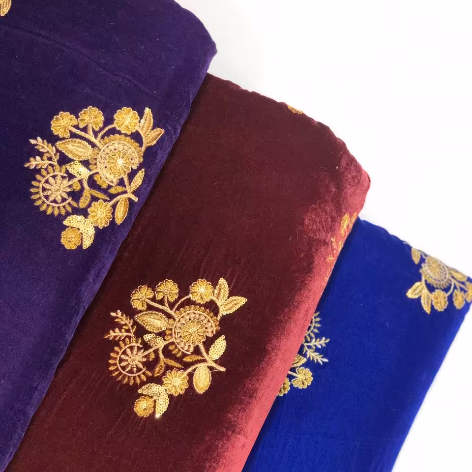 پارچه مخمل سوزندوزی تک گل آبی کاربنی بنفش زرشکی عرض 100