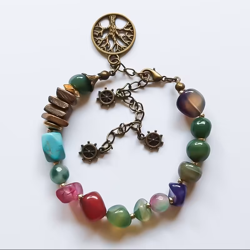 دستبند مدل لاوین با عقیق های دفرمه و فیروزه و آویز درخت زندگی مناسب برای همه