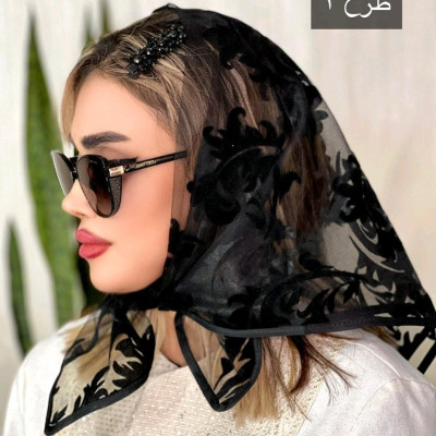 مینی اسکارف توری طرح دار حاشیه گاندوزی