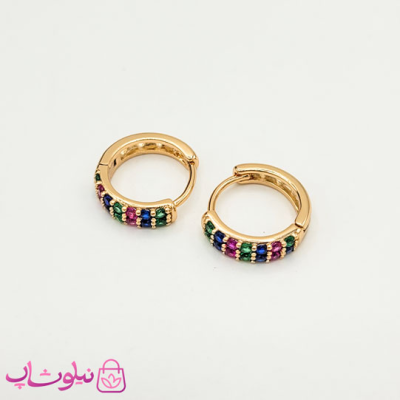 گوشواره دخترانه ژوپینگ طلایی با نگینهای رنگی کد 1390