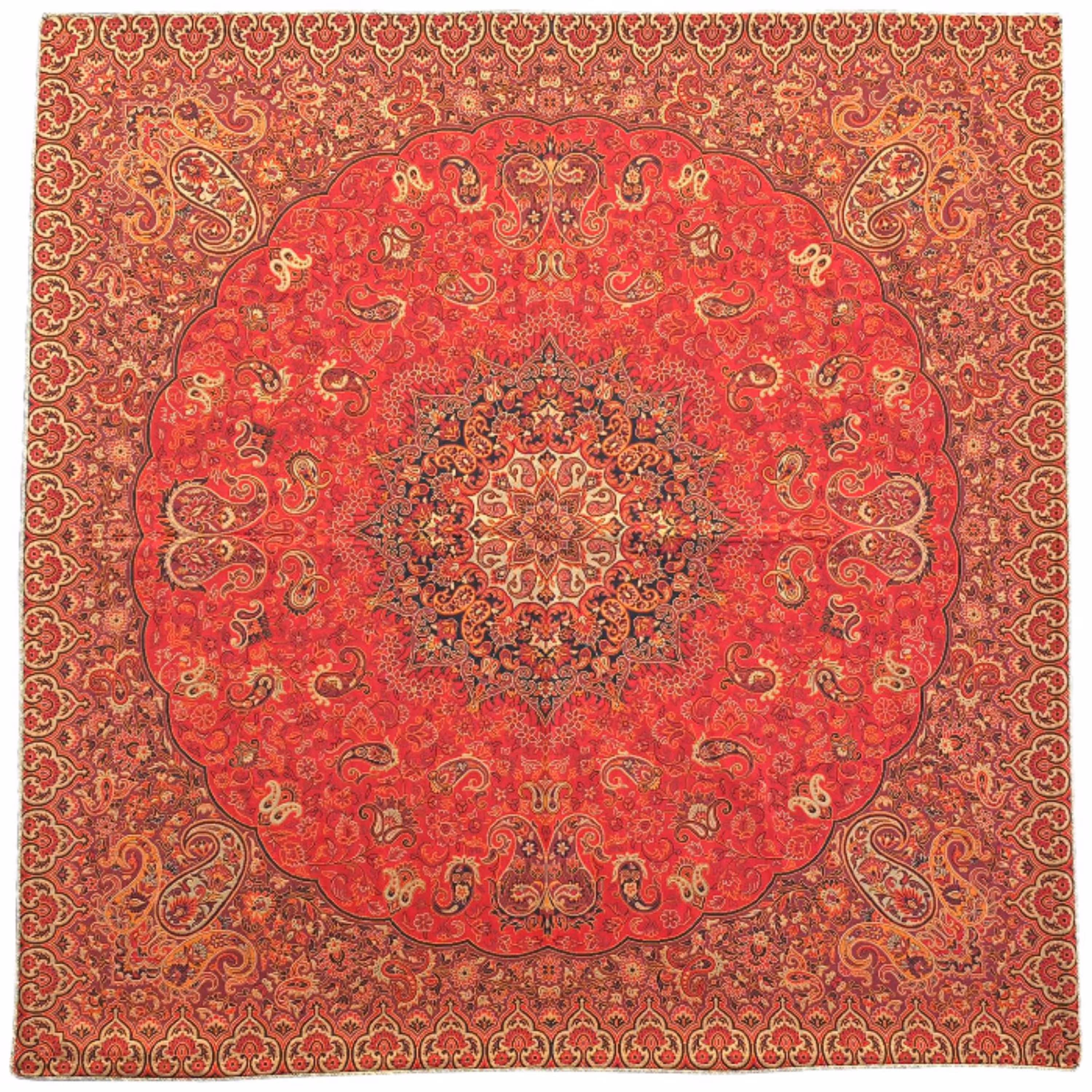 رومیزی مربع ترمه ابریشم کد TRM193 نفیس رنگ قرمز مات آستر زرشکی مغزی دوزی 