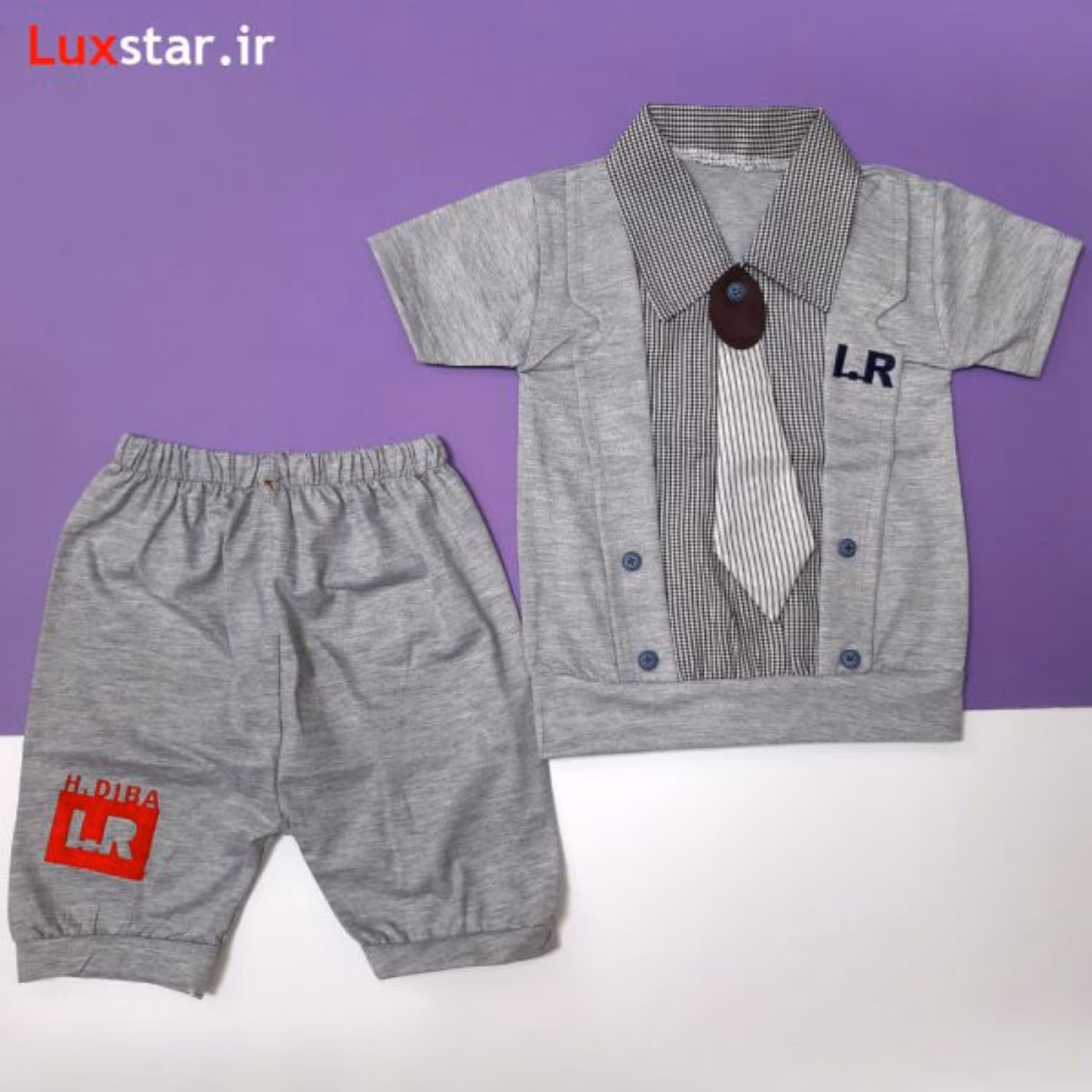 تیشرت شلوارک نوزادی ملانژ طرح کراوات