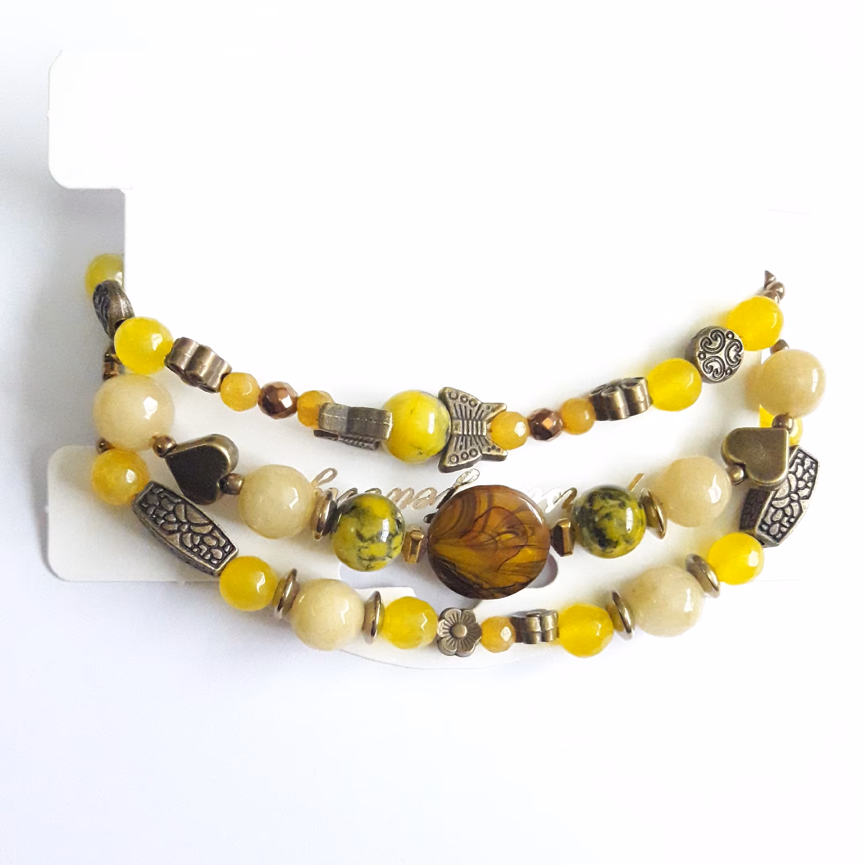 دستبند سه ردیفه سنگ عقیق و جید زرد