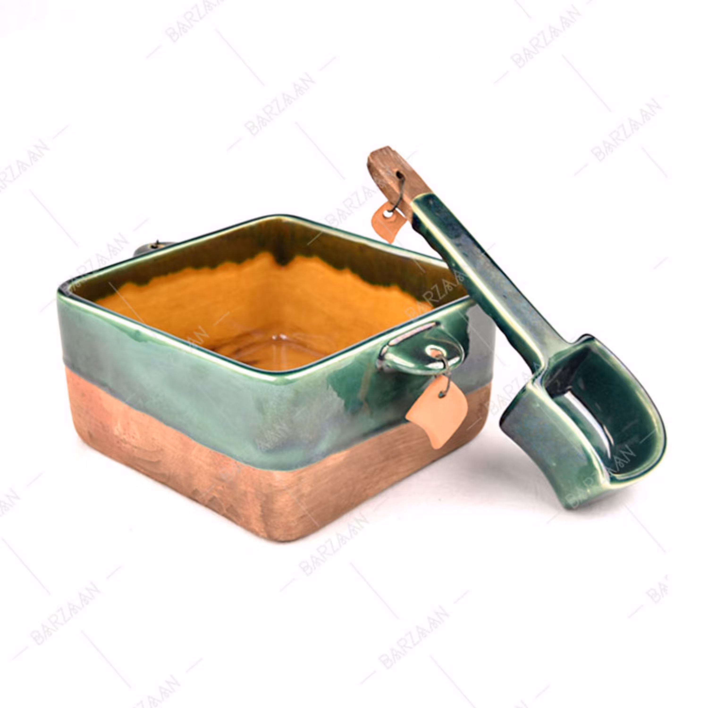 ظرف سرامیکی پذیرایی آجیل مربع شکل همراه با قاشق مخصوص