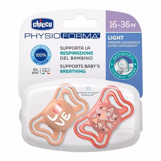 پستانک چیکو ارتدنسی شبرنگی 2عددی سایز 16_36m فیزیو فورما chicco طرح لاو