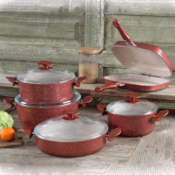 سرویس قابلمه 10 پارچه چدن گرانیت اویز EVIZ مدل سوئینگ زرشکی با ارسال رایگان