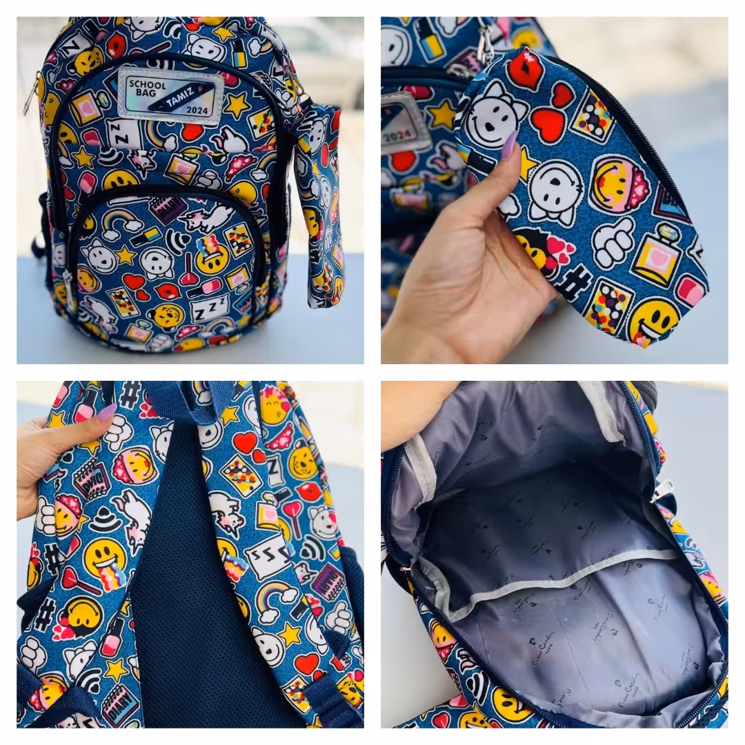 کیف کوله پشتی مدرسه به همراه جامدادی طرح استیکر مناسب دختروپسر  برزنت شمعی خارجی ارسال رایگان،بچگانه،دبستان،راهنمایی