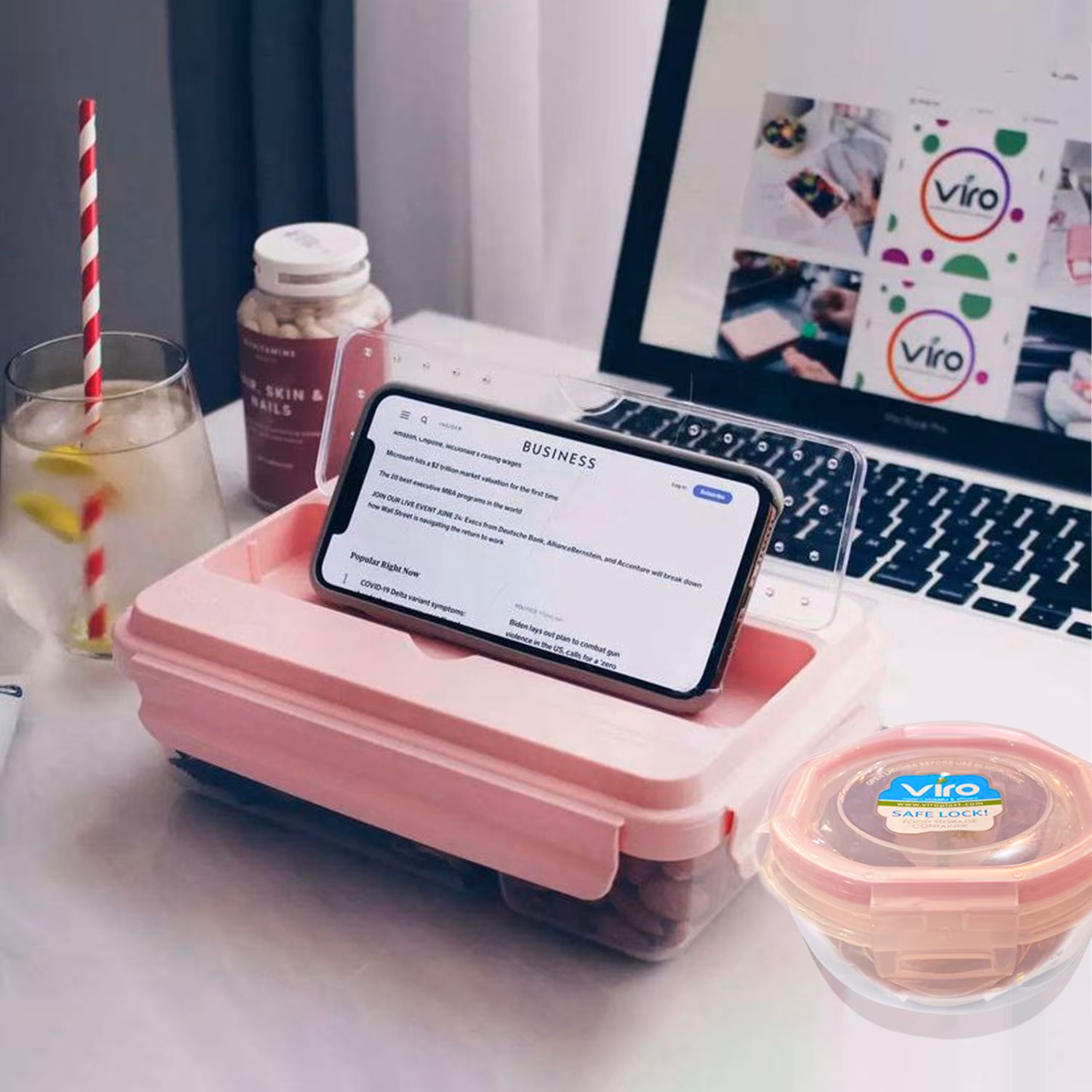 ظرف غذا و ظرف نگهدارنده مناسب مدرسه دانشگاه محل کار و غیره در رنگهای صورتی طوسی