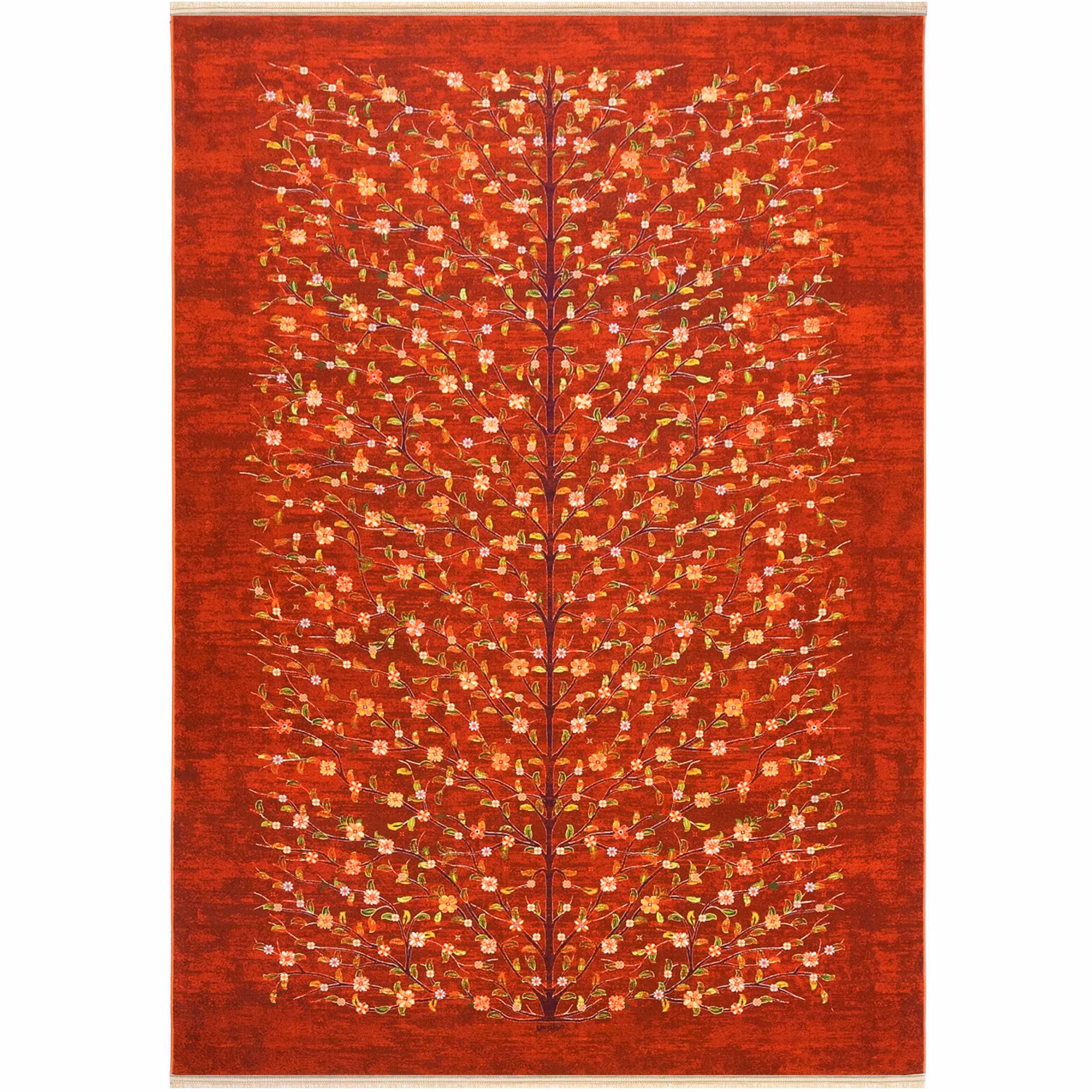 فرش ماشینی مرینوس طرح شکوفه کد 1.00026 زمینه لاکی