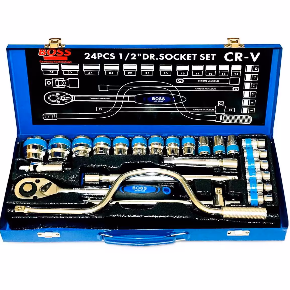 جعبه بکس 24 پارچه هندلی boss سفید ابکاری شده ساخته شده از الیاژ کروم وانادیوم