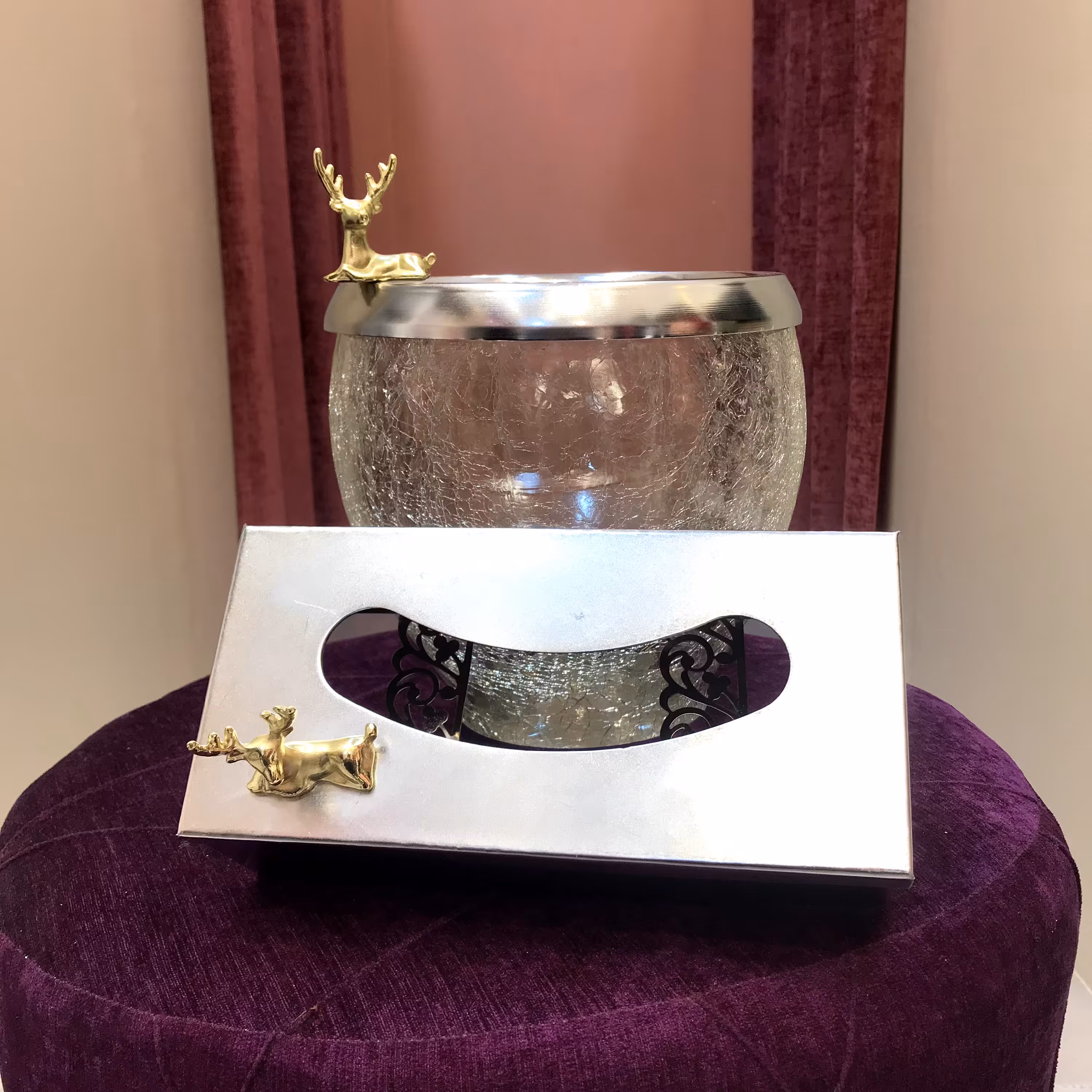 سطل زباله آشغال و جا جعبه دستمال کاغذی طرح تَرَک و گوزن رنگ نقره ای