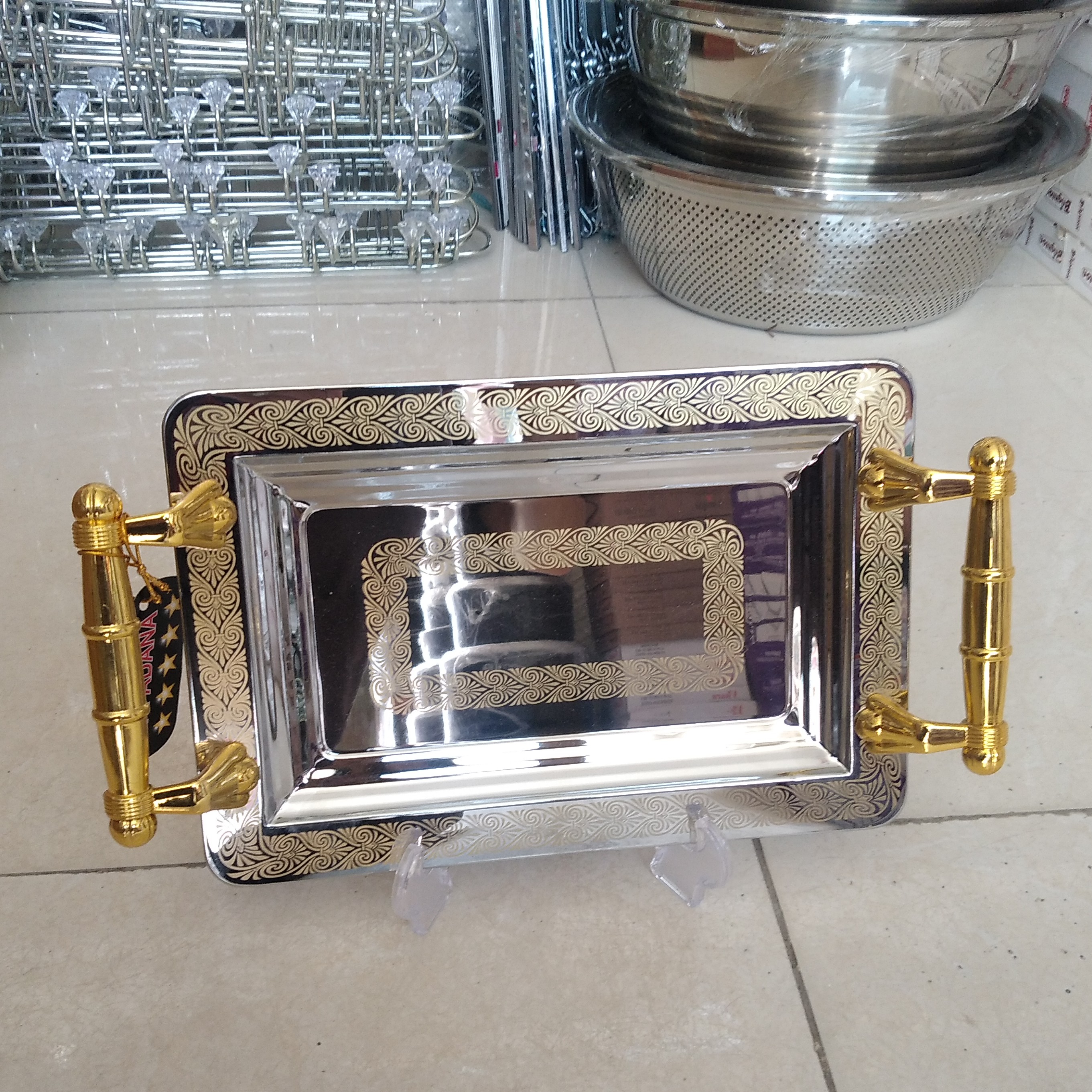 سینی استیل دسته طلایی کوچک