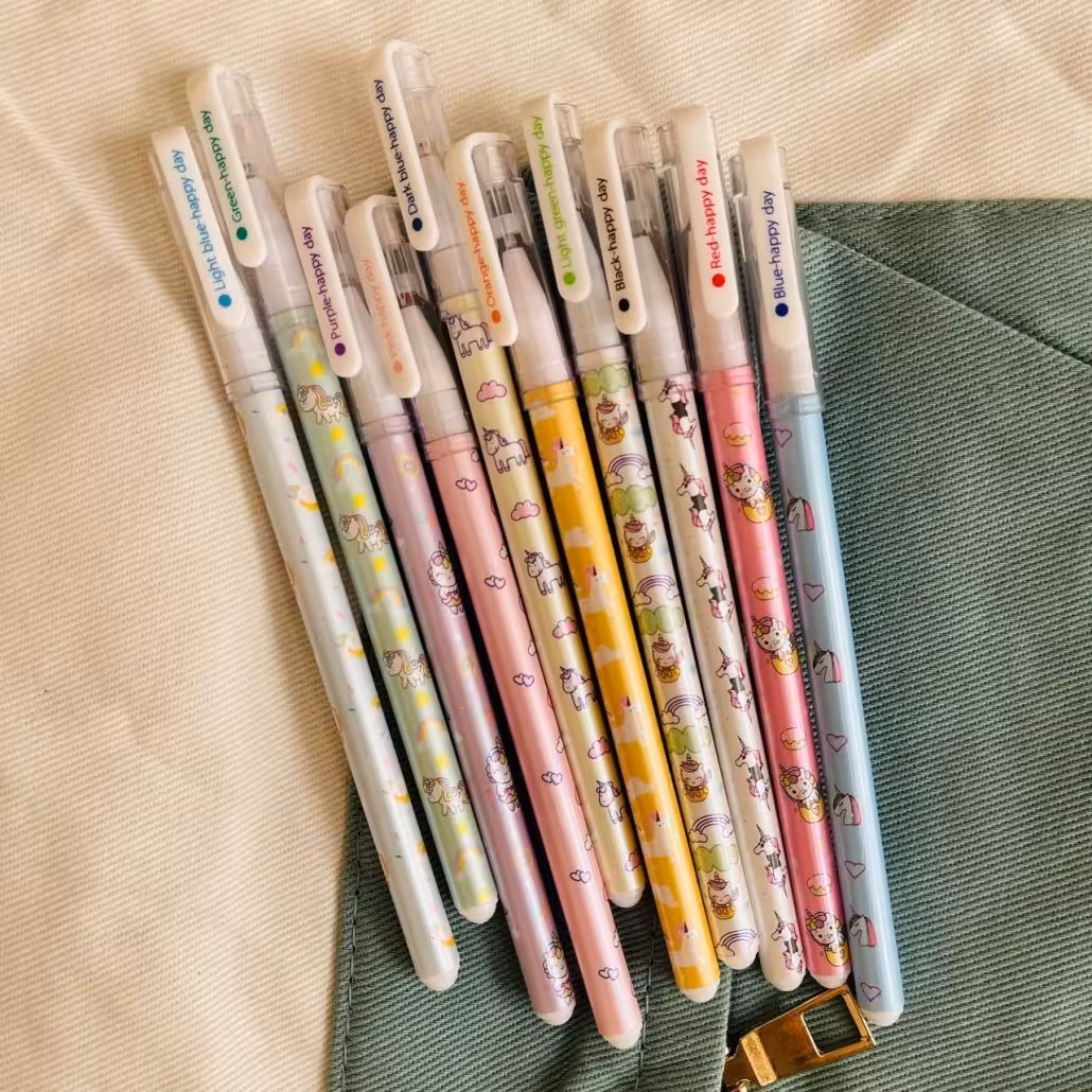 پک 10 رنگ روان نویس فانتزی طرح یونیکورن بدنه براق / ست روان نویس هپی دی