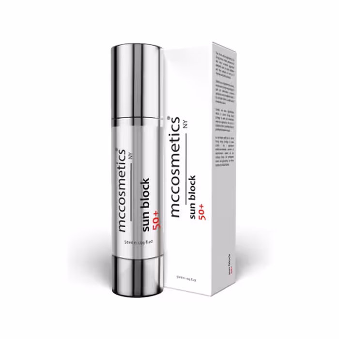 کرم ضد آفتاب سان بلاک sun block SPF50 برند ام سی کازمتیک mccosmetic حجم 50ml