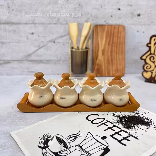 ست پا سماوری سرامیکی مدل درب چوبی 4 تکه