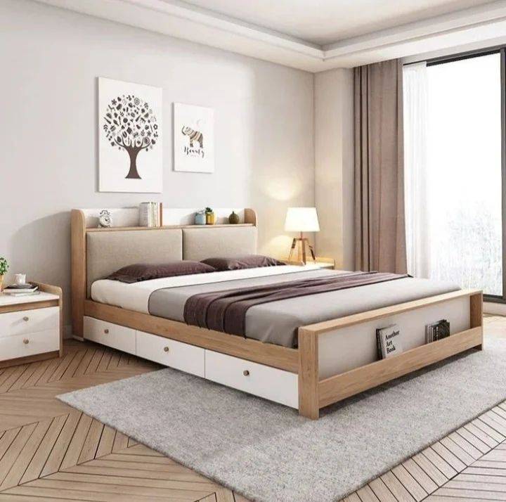 تخت خواب چوبی و پارچه ای کشودار سبک مدرن سایز 200*180 کد 494