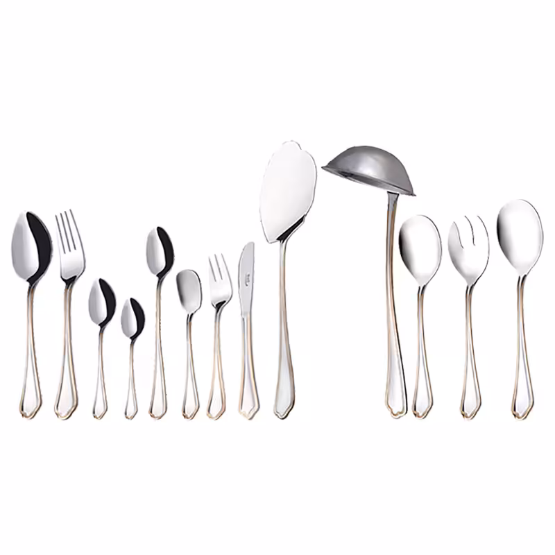 سرویس قاشق و چنگال 18 نفره ناب استیل طرح ونیز دور طلایی (116 پارچه)