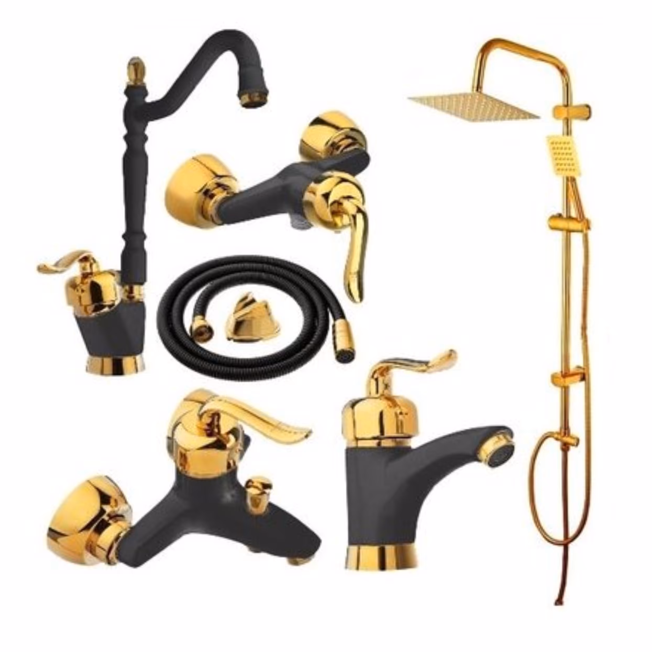 ست 6 تایی شیرآلات قاجاری مشکی طلایی با علم دوش دوکاره و شیلنگ توالت (ارسال رایگان)